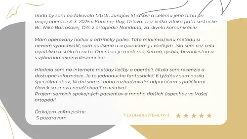 Poďakovanie od pacientky po operácii hallux a artritického palca